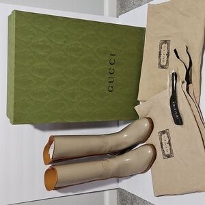 Gucci Men's Unisex Leather Mid-Calf Boot Beige/Tan 6 Shoe Horn Dust Bag Box